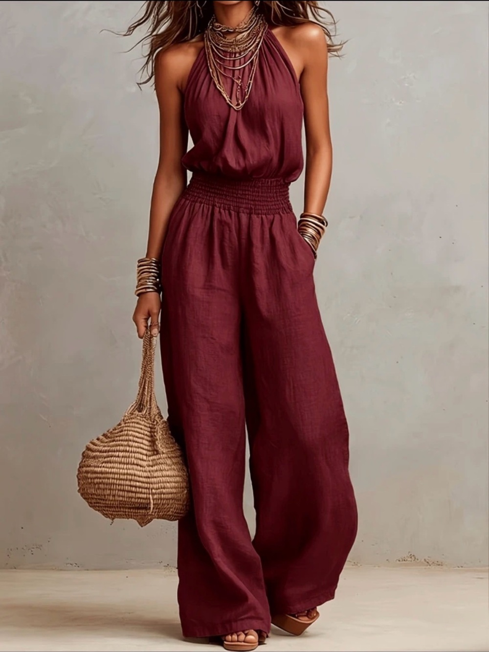 SHEIN Burgundy Halter Wide-Leg Jumpsuit